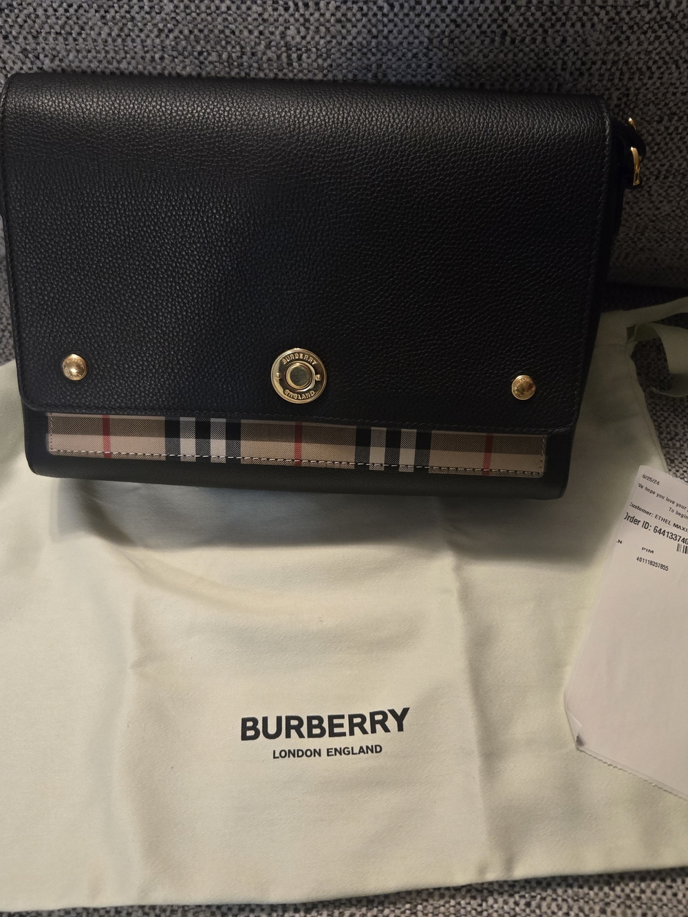 Burberry Black Leather Crossbody Bag with Vintage Check Accent